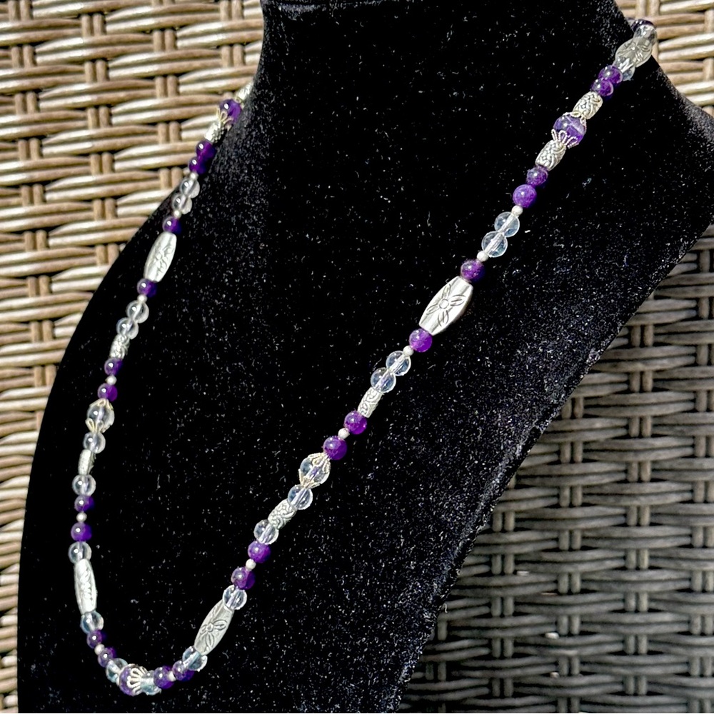 AMETHYST QUARTZ ORNATE SILVER tone beads 12” drop Necklace with Silver Accents